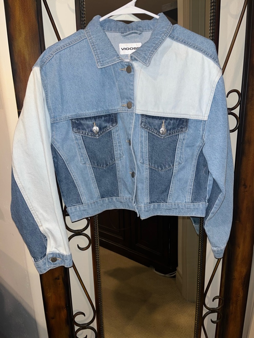 Vigoss Colorblock Cropped Jean Jacket in Light and Medium Blue
